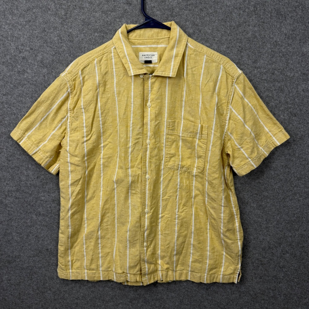American Eagle Mens Medium Yellow White Striped Linen Blend Short‎ Sleeve Shirt